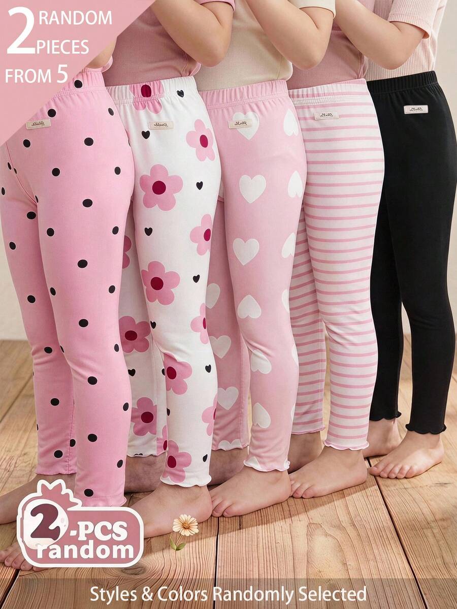 SHEIN [2pcs Randomly Sent]5pcs Randomly Sent 2pcs Spring Four Seasons Girls Polka Dot Heart Stripe Flower Sweet Cute Versatile Soft Comfortable Ribbed Knit Leggings Multi-Piece Set