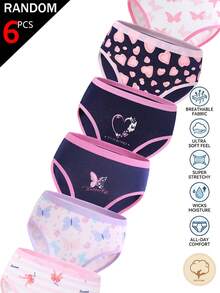 少女三角内裤 - 惊喜盲盒，12 种款式随机 6 种 - 春夏甜美可爱蝴蝶爱心图案，紫粉色系纯棉打底内裤 - 少女三角内裤 6 条装组合套装 - 彩色 - 查看 6