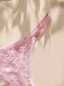 Charlaine 酒紅色女款蕾絲拼接緞面T-Back內褲，1件裝 - 粉色 - 查看 5