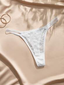 Charlaine Burgundy Women's T-Back Lace Patchwork Satin Panty, 1pc - White - View 3