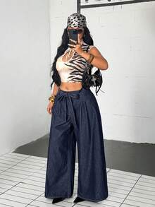 Jeanoix Calça Denim Perna Larga Casual Tradicional Lavada com Cinto Plus Size Azul Marinho Formal Brunch Verão - Lavagem escura - Visão 6
