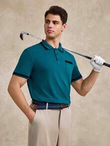 Courvante Men's Contrast Color Short Sleeve Casual Commuter Polo Shirt, Formal Ceremony - Teal Blue - View 5