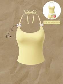 Elavelle Bộ bikini nữ xuân/hè họa tiết ngẫu nhiên, cổ yếm, trang trí nơ - Màu vàng - Xem 4