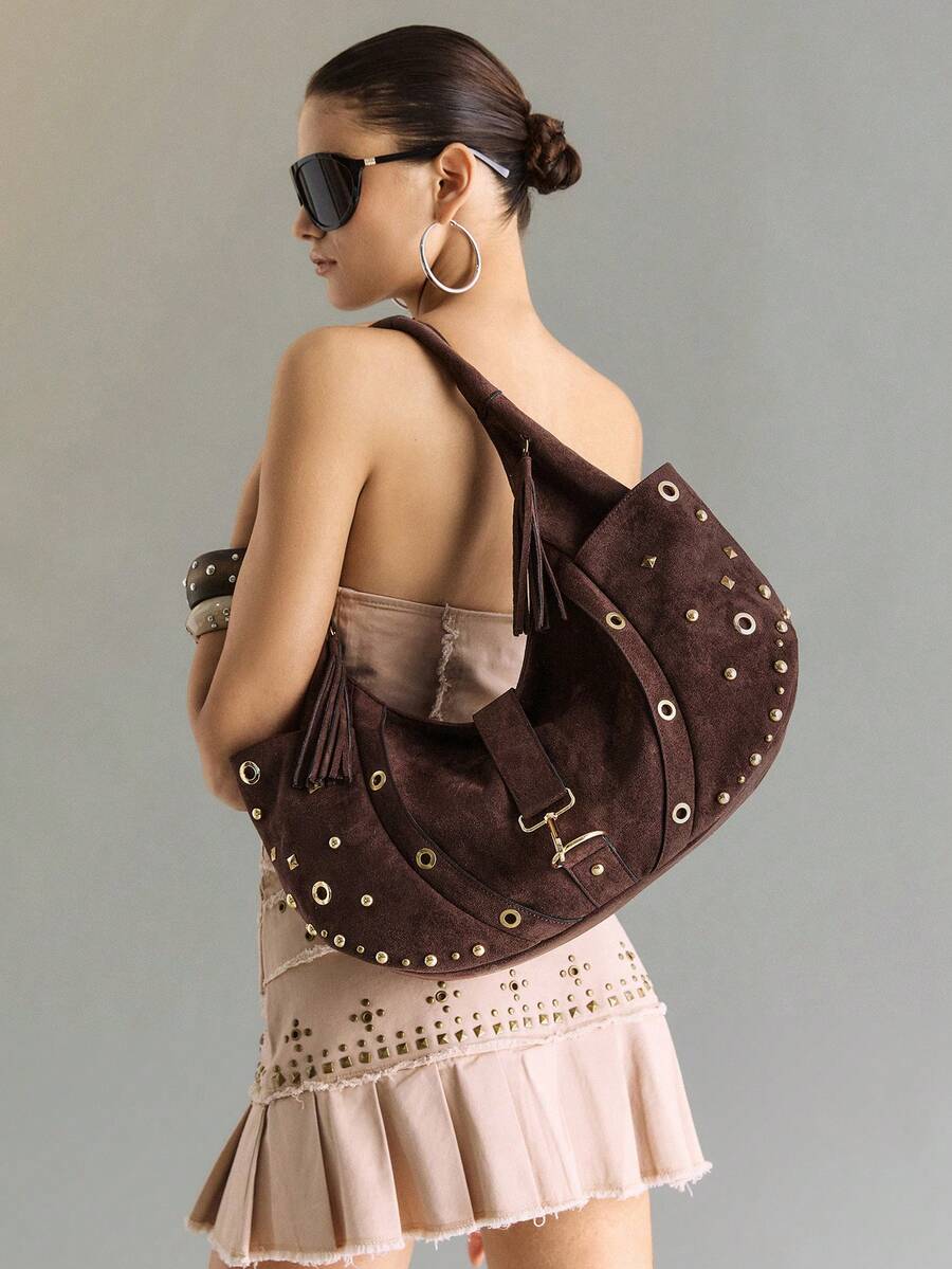 Viva Strut Women's Fashionable Personalized Street Cool Retro Brown Suede Rivet Metal Buckle Shoulder Bag, Daily Commute To Work Shopping To School - Brown - View 1