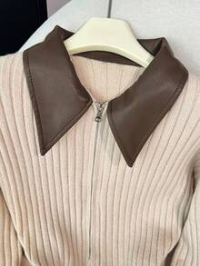 Muvela Cardigan tricoté court décontracté pour femme, vintage élégant, beige, patchwork, col, double fermeture éclair devant, automne/bureau, brunch, quotidien, rendez-vous, fête des enseignants - Kaki - Voir 7