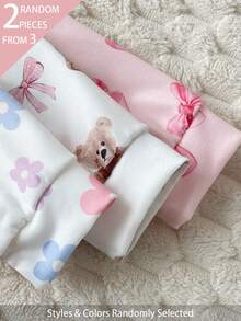 3pcs Randomly Send 2pcs Newborn Baby Girl Cute Bear Flower Bow Print Long Sleeve Footed Romper Jumpsuit 2pcs Set - Multicolor - View 5