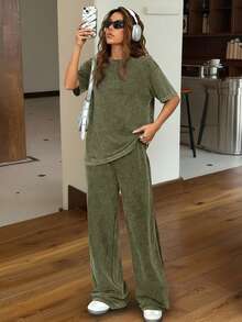 SHEIN EZwear 复古水洗宽松圆领短袖直筒裤套装，休闲家居服，秋冬 - 軍綠色 - 查看 3