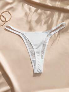 Charlaine Burgundy Women's T-Back Lace Patchwork Satin Panty, 1pc - White - View 2
