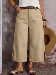 EMERY ROSE EMERY ROSE Plus Size Women's Pocket Side Slit Wide Leg Loose Casual Cropped Denim Jeans - Khaki - View 1