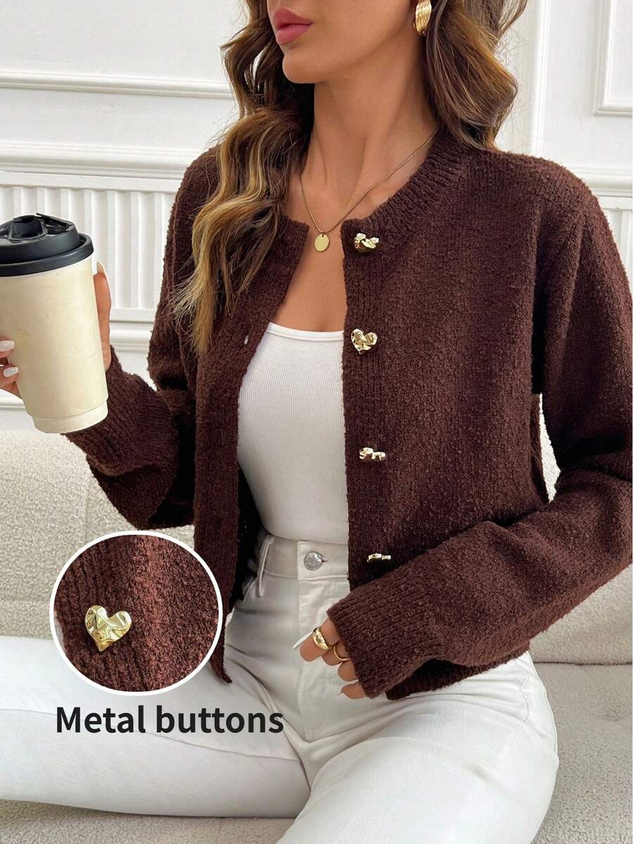 SHEIN Clasi Cardigan Rajut Pendek Polos Kasual dengan Lubang di Bagian Dalam untuk Musim Gugur/Dingin - Coklat - View 1