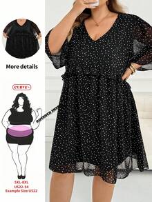 SHEIN CURVE+ Plus Size French Fashion Polka Dot Print Ruffle V-Neck Dress Fall - Black and White - View 1