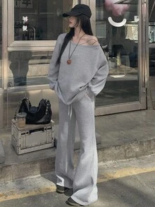 Dazy Tall Women's Asymmetric Shoulder Loose Long Sleeve Pullover Sweatshirt And Loose Pants Casual 2 Pieces Set Fall - Grey - View 4