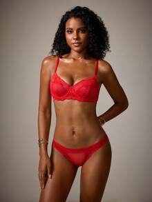 DreamPoppy 1 Set Women's Solid Color Lace Comfortable Lingerie Set - Red - View 6