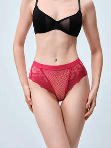 Softvol 3pcs Black, White, Red Sexy Lace Women's Panties, Comfortable Breathable Skin-Friendly Women's Underwear, Elegant Ruffle Trim Triangle Panties, Solid Color Semi-Transparent Minimalist Thongs, Suitable For Dates, Yoga, Daily Life, Shopping And Other Occasions - Multicolor - View 1