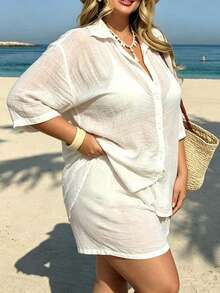 Swim Vcay 2026 New Plus Size Woven Cover Up And Shorts Set, Elegant Vacation Style Cover-Up Swimsuit - White - View 4