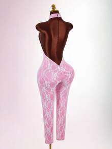 Amplova Women's Lace Cutout Design Sexy Halter Neck Jumpsuit - Pink - View 2
