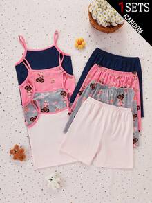 1套女童吊帶上衣與短褲居家服套裝，盲盒款式，4款設計，上衣與短褲均印有卡通女孩與SMART GIRL圖案，色彩鮮豔甜美，配色包含海軍藍、白色與粉色，柔軟針織面料，光滑親膚，垂墜感佳，舒適貼身，可機洗（1套隨機從4款中選出） - 彩色 - 查看 2