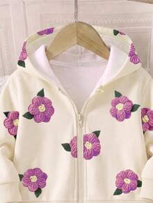 SHEIN 女嬰甜美極簡紫色花卉3D效果印花連帽拉鍊長袖抓絨內裡運動外套，柔軟面料，適合外出，秋冬款 - 彩色 - 查看 6