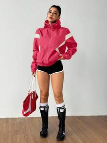 Exploreva Chaqueta deportiva casual holgada con capucha y cremallera de colores contrastantes - Rosa - Ver 6