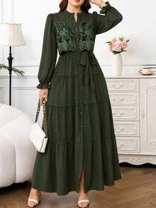 Reflora Plus Size Vacation Fashion Lace Patchwork Flared Cuff Button Dress Fall - Green - View 1