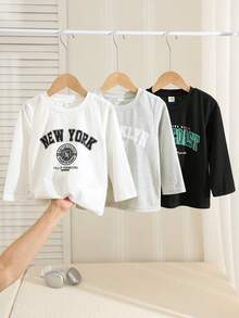 SHEIN 3件/套 男童休閒學院風純色英文字母印花圓領長袖T恤多件套，舒適百搭，適合外出與居家穿著，適用春夏秋冬 - 彩色 - 查看 3