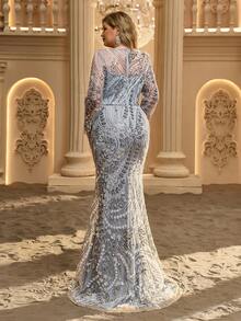 Glamrae Plus Size Elegant Romantic Round Neck Luxury Embroidered Beaded Sheer Long Sleeve Sequins Sequins Inlaid Fitted Bodycon Mermaid Tail Train Evening Gown For Wedding Party Celebration Formal Event Heavy Work Design - Light Grey - View 3