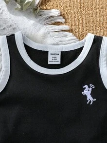 SHEIN 4件組男嬰刺繡無袖上衣與運動短褲套裝，黑白配色，夏季休閒海灘運動風嬰兒服裝，6個月-3歲 - 黑與白 - 查看 5