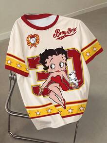 Betty Boop x SHEIN 大码女式撞色圆领短袖休闲T恤 - 白色 - 查看 1