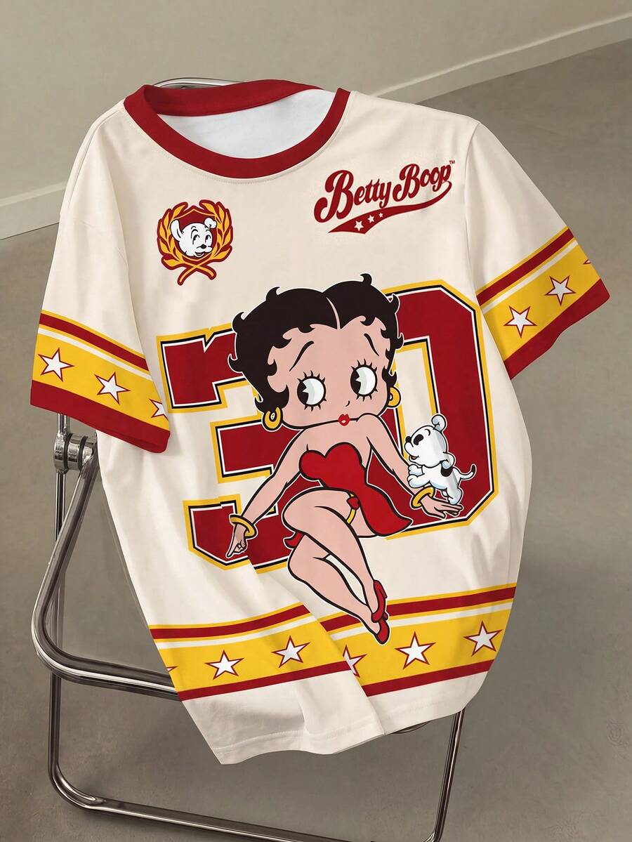 Betty Boop x SHEIN 大码女式撞色圆领短袖休闲T恤 - 白色 - 查看 1