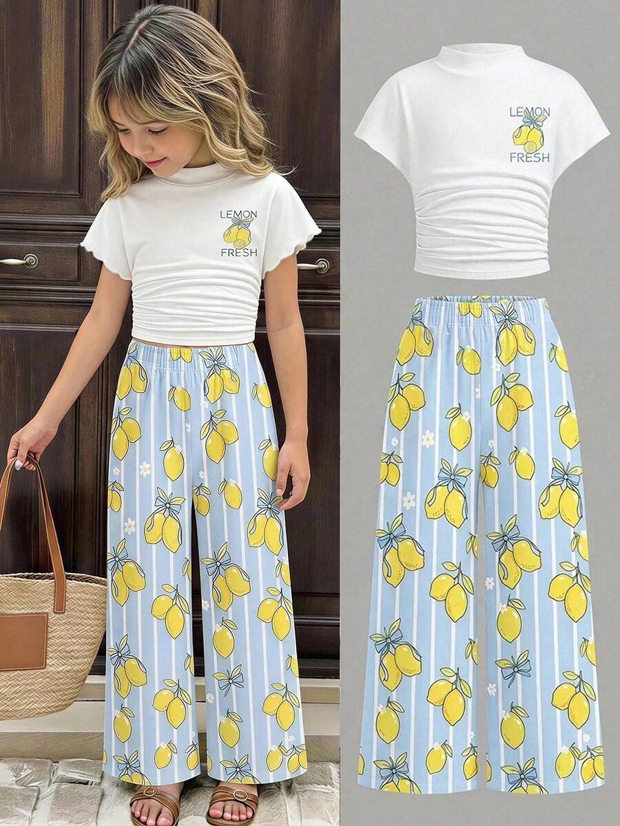 2pcs/Set Young Girls Knit Outfit, Ruched High Neck Fitted Top Paired With Wide Leg Pant - Multicolor - View 1