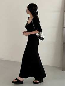 Dazy Tall Women's Square Neck 5-Sleeve Slim Fit Long Base Layer Dress - Black - View 8