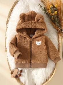 SHEIN Newborn Baby Fall Winter Hooded Fleece Brown Bear Ears Zipper Design Long Sleeve Fleece Outdoor Jacket - Khaki - View 4