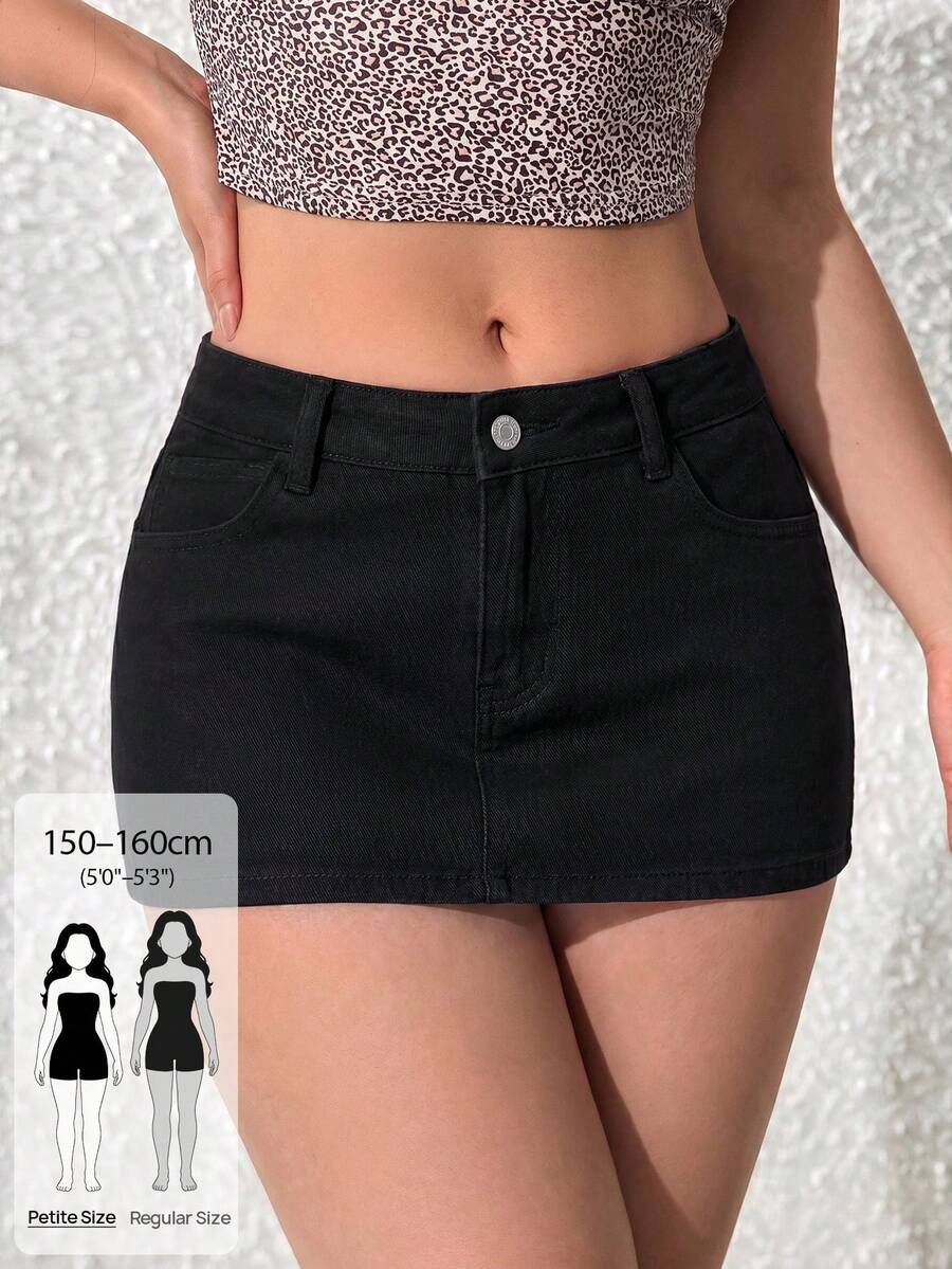 SHEIN PETITE 女士时尚迷你牛仔裙 - 黑色 - 查看 1