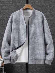 SHEIN 青少年男孩休閒街頭風可愛百搭紋理格紋棒球夾克，返校季，秋冬灰色 - 灰色 - 查看 10