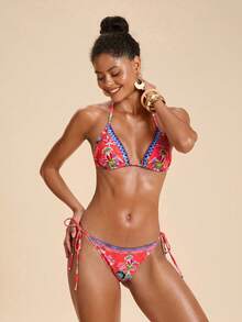 Travachic Women's Summer Beach Floral Print Halter Tie Sexy Fashion Bikini Two-Piece Swimsuit Set - Multicolor - View 6