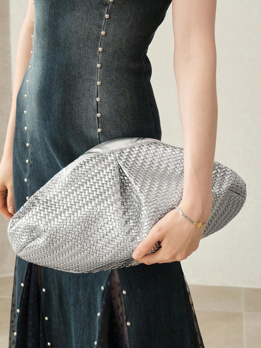 MOTF WOMEN'S FASHION PLEATED CLUTCH BAG, EXQUISITE SIMPLE SILVER WOVEN PATTERN PU BAG, FOR DAILY, DATING, VACATION, SHOPPING, COMMUTING - Silver - View 1
