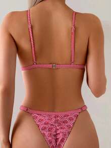 Swim Mod Bikini de dos piezas con estampado aleatorio y tirantes de espagueti para mujer, trajes de baño de playa de verano en color rosa - Rosa - Ver 3