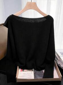 GlowEve CURVE Plus Size Casual Lace-Up Bow Long Sleeve Pullover Sweater - Black - View 2