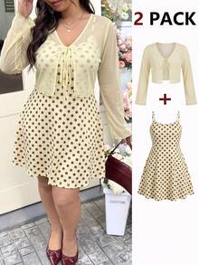 GalTyme Solid Color Front Tie Cardigan & Polka Dot Spaghetti Strap Dress 2pcs Set Plus Size Fall - Multicolor - View 3