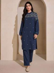 Graceveil 刺繡寬鬆外套與長褲女款日常阿拉伯風服裝套裝 - 寶藍色 - 查看 4