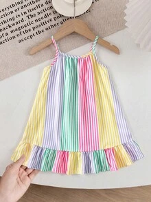 SHEIN Genkimix Kids 女童梭织面料彩色条纹数码印花荷叶边吊带连衣裙，适合夏季日常穿着、外出、旅行、度假、派对等场合，少女沙滩裙，女童粉彩夏季连衣裙，多色连衣裙 - 彩色 - 查看 3
