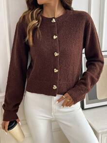 SHEIN Clasi Casual Solid Color Short Hollow-Out Knit Cardigan In Fall/Winter - Brown - View 6