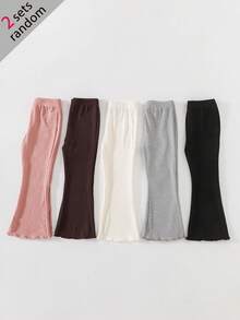 [2 Sets Randomly Sent]Girls Toddler Spring/Autumn Ribbed Flared Pants, High Waist Ruffle Hem Bell Bottom Long Pants, Soft Skin-Friendly Stretchy Slim Fit Children's Leggings, Multi-Color Randomly Sent, Versatile Casual Pants, Korean Minimalist Style Baby Snug Fit And Height-Enhancing Pants - Multicolor - View 2