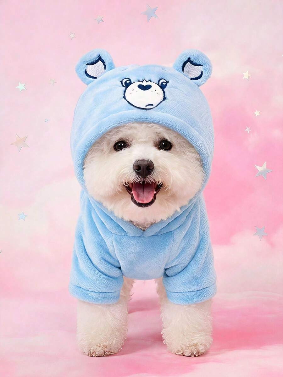 Care Bears X PETSIN 1件藍色心形熊刺繡寵物角色扮演連帽衫,附3D尾巴,天鵝絨保暖套頭衫,適用於貓狗,秋冬加厚,適合室內依偎或戶外玩耍 - 藍色 - 查看 1