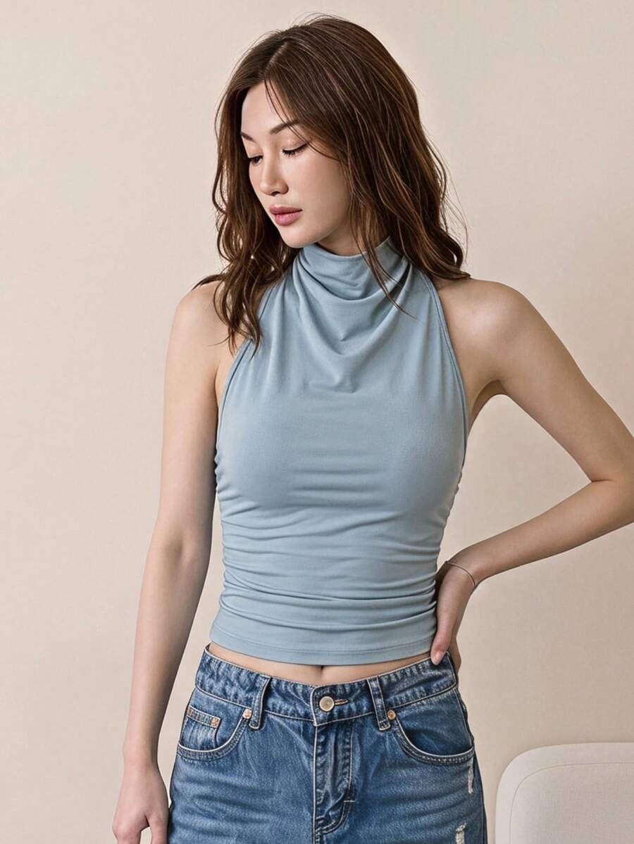 Tideelle 女款素色修身休閒百褶掛脖上衣 - 藍色 - 查看 1