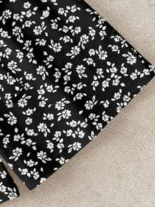 EMERY ROSE Elegant Solid Color Ruffle Top And Printed Shorts 2 Pieces Set, Black Top And Printed Shorts - Multicolor - View 6
