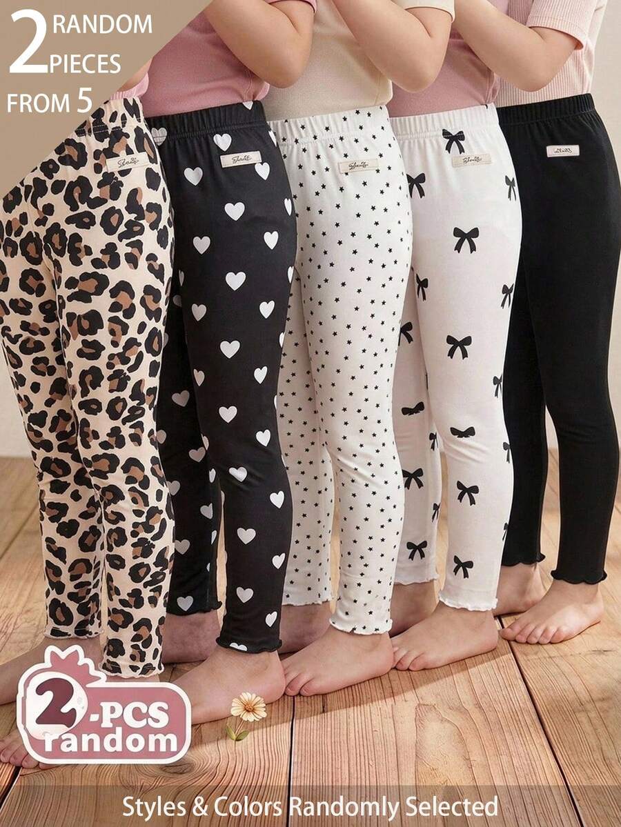SHEIN 5pcs Random 2pcs Spring Summer All Season Girls Polka Dot Heart Leopard Print Sweet Cute Versatile Soft Comfortable Ribbed Ribbed Knit Leggings Set