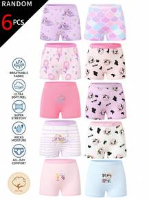 SHEIN 【6件隨機款】女童甜美四角內褲，柔軟粉色、紫色、藍色與白色布料，印有像素卡通熊、美人魚與水豚圖案，可愛條紋設計搭配荷葉邊飾，舒適透氣，適合日常穿著，四季時尚休閒短褲風內褲 - 彩色 - 查看 3
