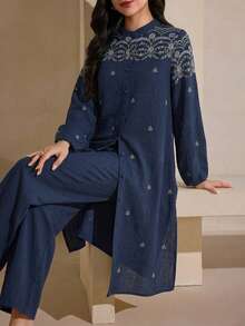 Graceveil 刺繡寬鬆外套與長褲女款日常阿拉伯風服裝套裝 - 寶藍色 - 查看 2