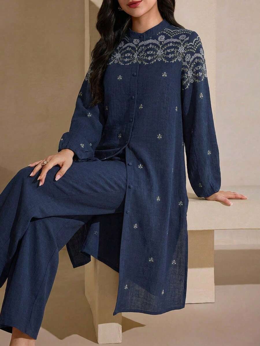 Graceveil 刺繡寬鬆外套與長褲女款日常阿拉伯風服裝套裝